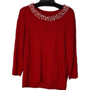 Karl Lagerfeld Sweater‎ Red w/ Pearled Neckline 3/4 Sleeve in Size L  EUC
